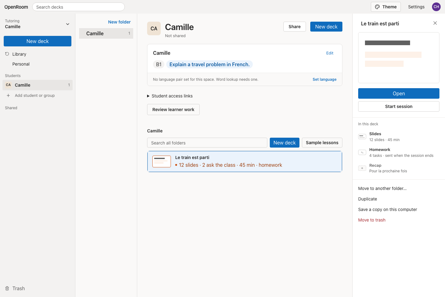 Library with Camille's folder, a selected deck, and its Open and Start session actions