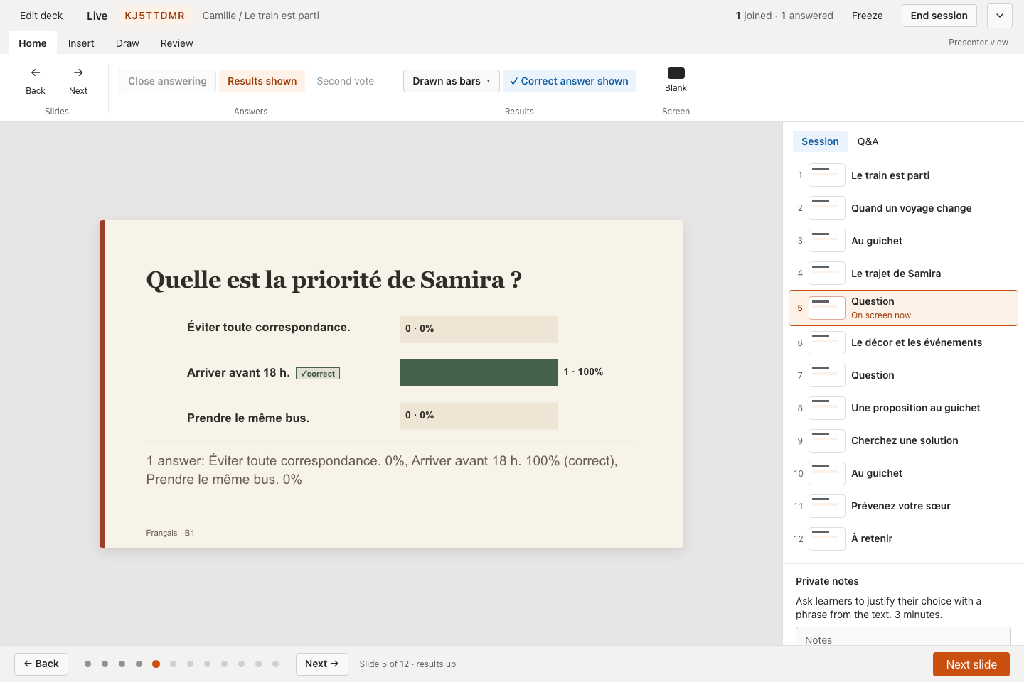 Live presenter with revealed choice results, answer counts, current slide, and question controls