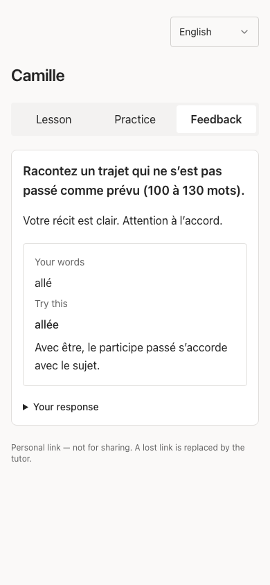 Learner Feedback tab showing a published comment, original wording, suggested wording, and explanation