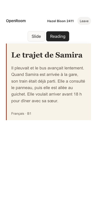 Phone Reading view with a complete French passage and the Slide and Reading controls